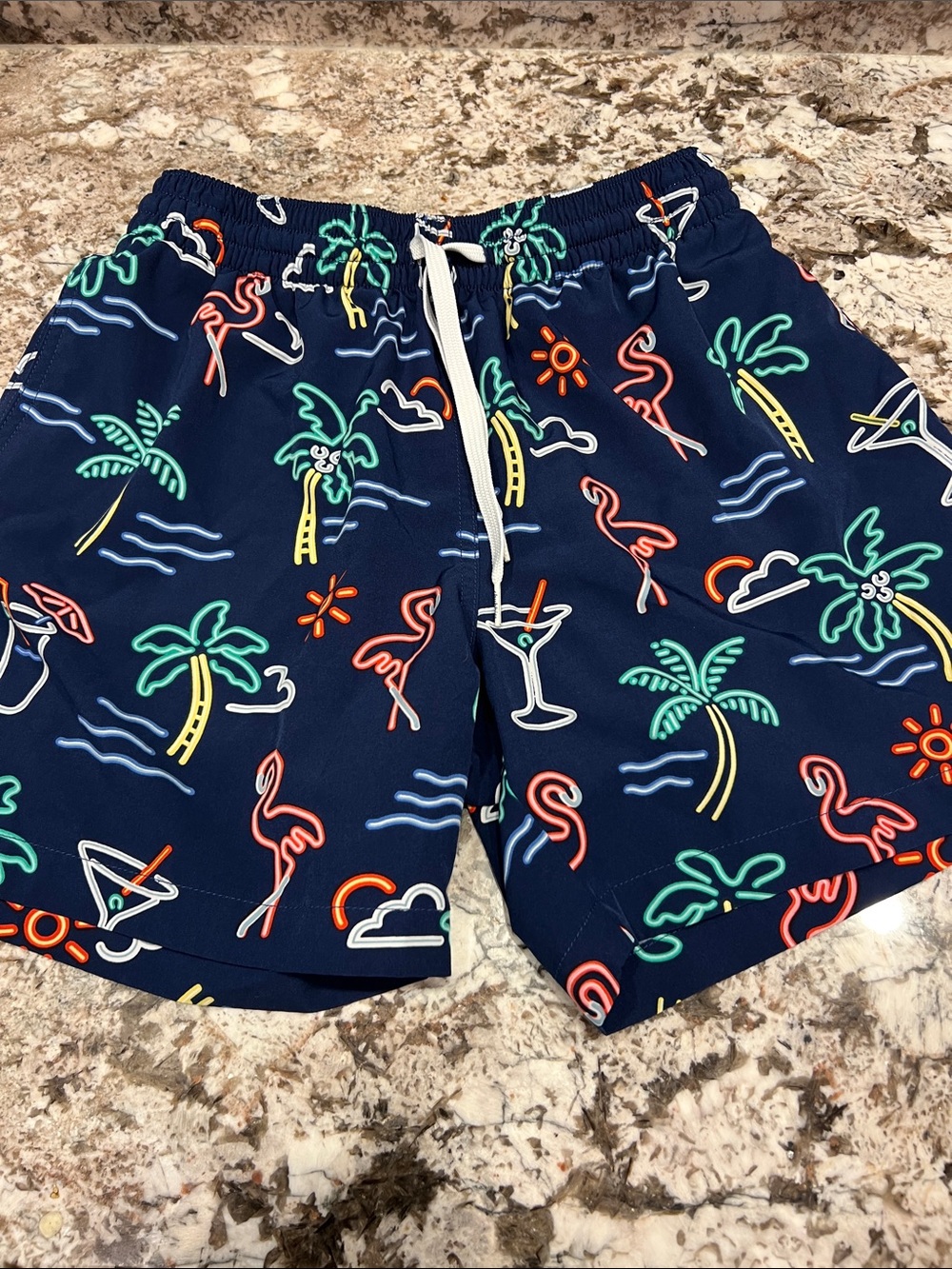 chubbies Navy Tropical Neon Print Swim Trunks